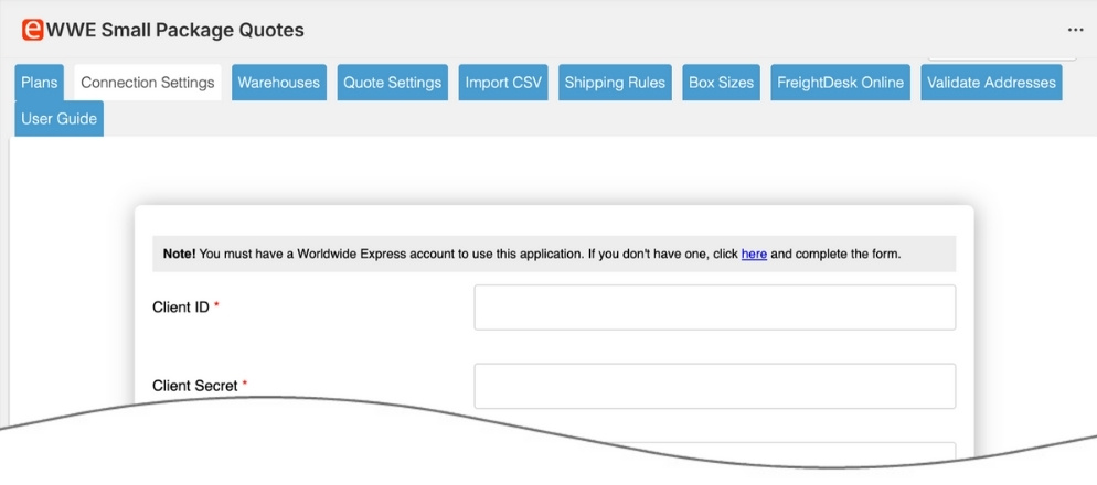 Worldwide Express Small Package Quotes for Shopify Connection Settings