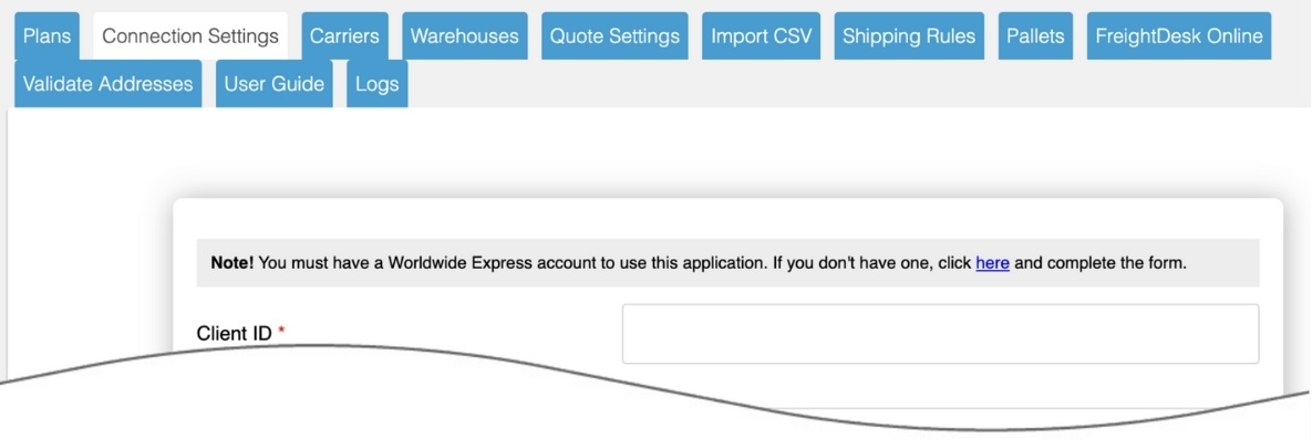 Connection Settings page for the Worldwide Express LTL Freight Quotes app for Shopify