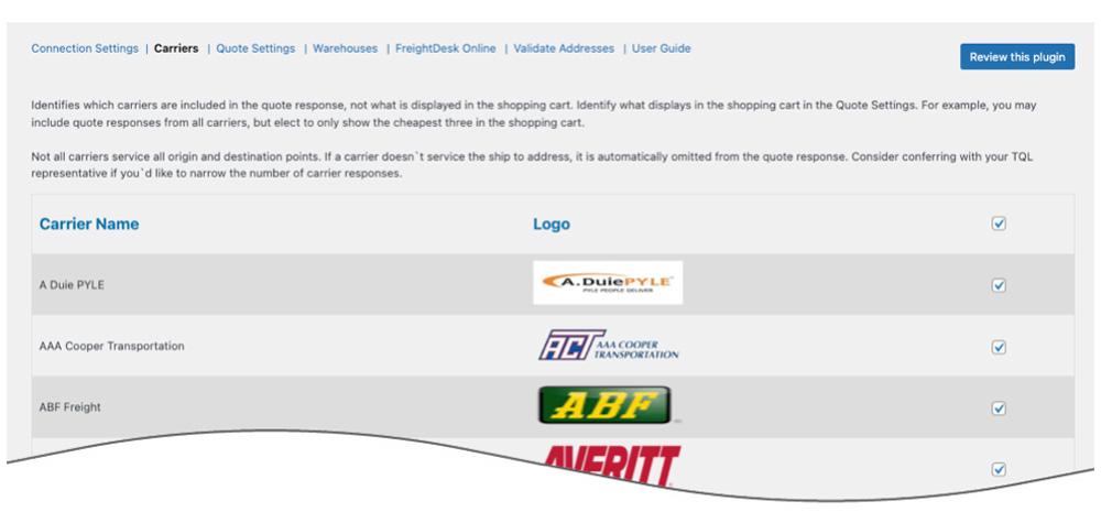 TQL LTL Freight Quotes for WooCommerce - Carriers Settings Page