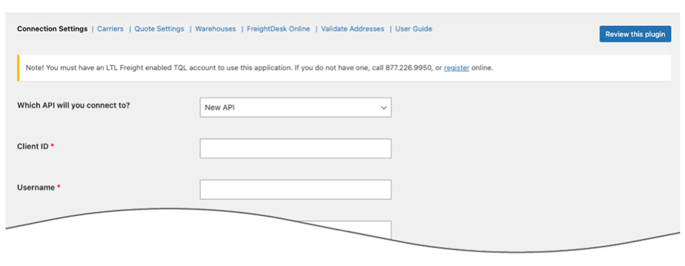 Connection settings page in the TQL LTL Freight Quotes plugin