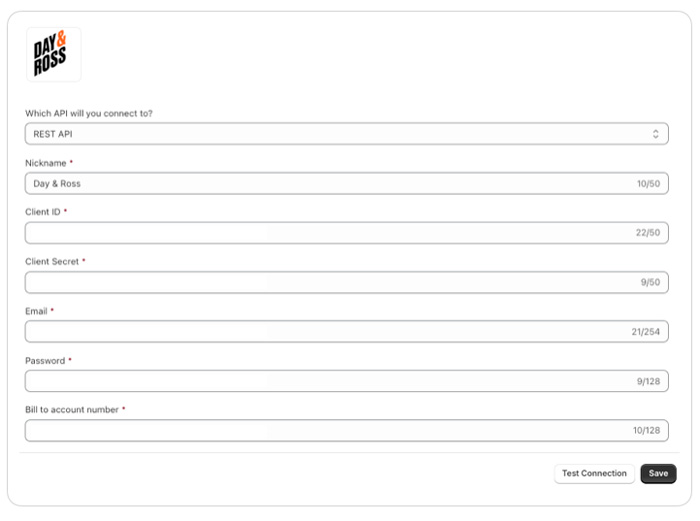 Day & Ross API Connection Settings for the Real Time Shipping Quotes app for Shopify
