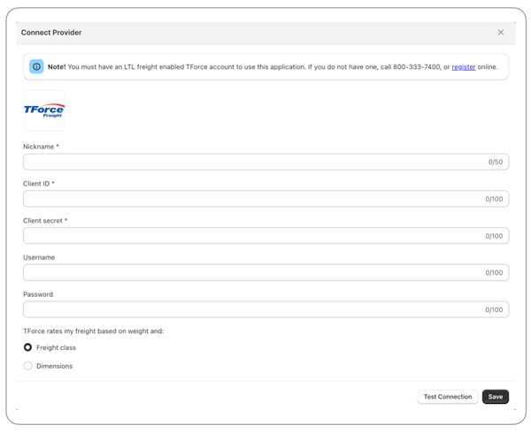 TForce Connection Settings for Shopify Real Time Shipping Quotes App