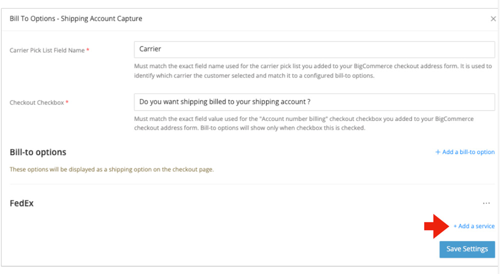 Add a Service link in the Shipping Account Capture integration in the Real-time Shipping Quotes app for BigCommerce.