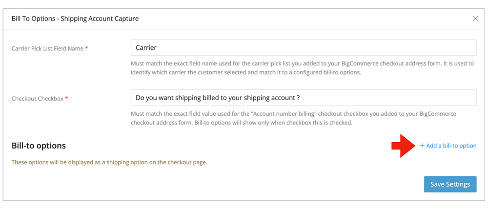 Add Bill To Carrier Option Link in the Real-time Shipping Quotes app for BigCommerce.