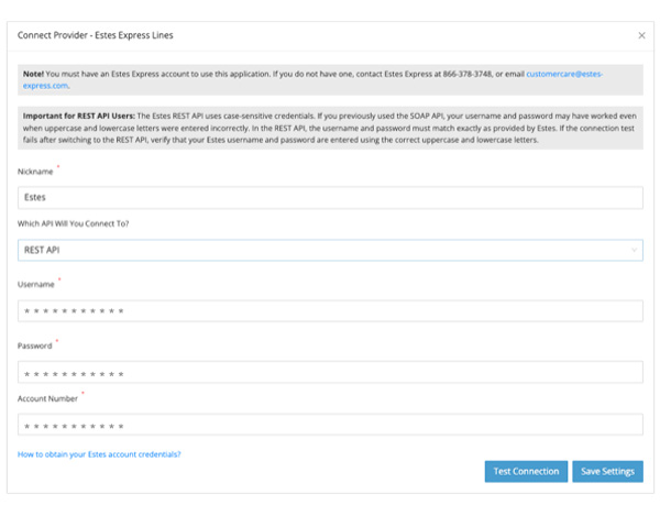Estes API Connection Settings for BigCommerce Real Time Shipping Quotes