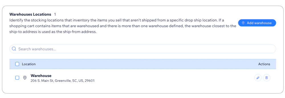 Real Time Shipping Quotes for Wix - Warehouse Settings