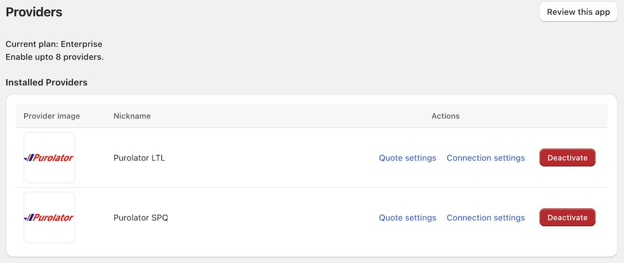 Purolator LTL Quote Settings link on the Shopify Real Time Shipping Quotes Providers page