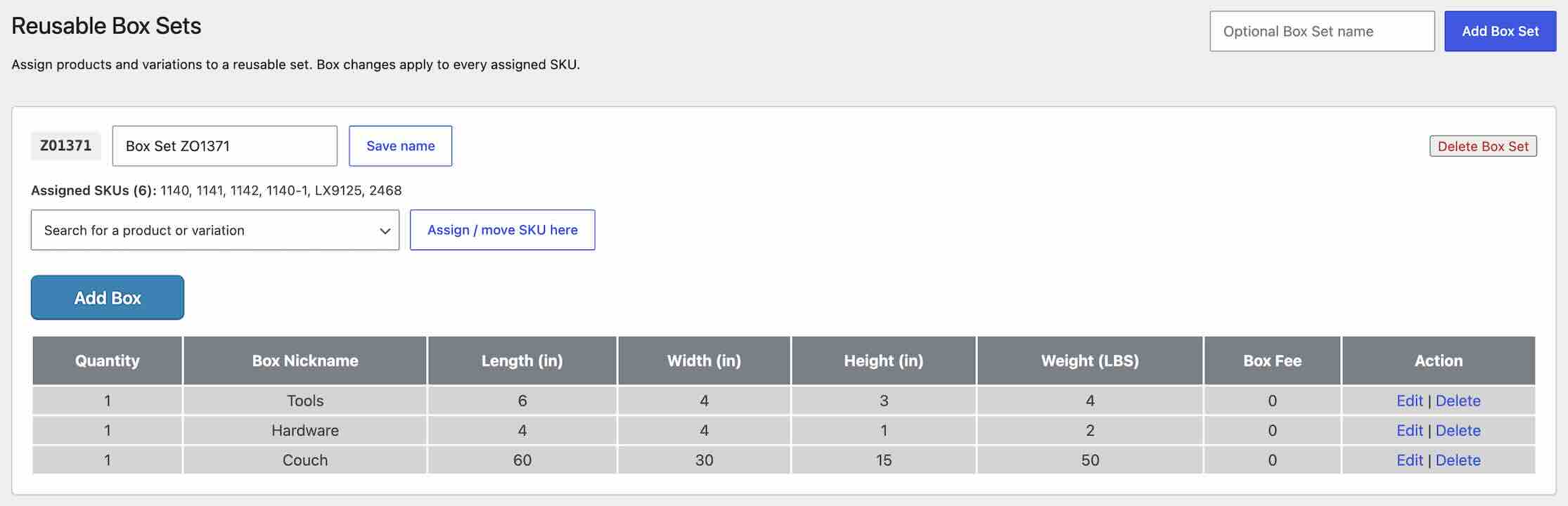 Reusable Box Sets settings in the WooCommerce Standard Box Sizes plugin