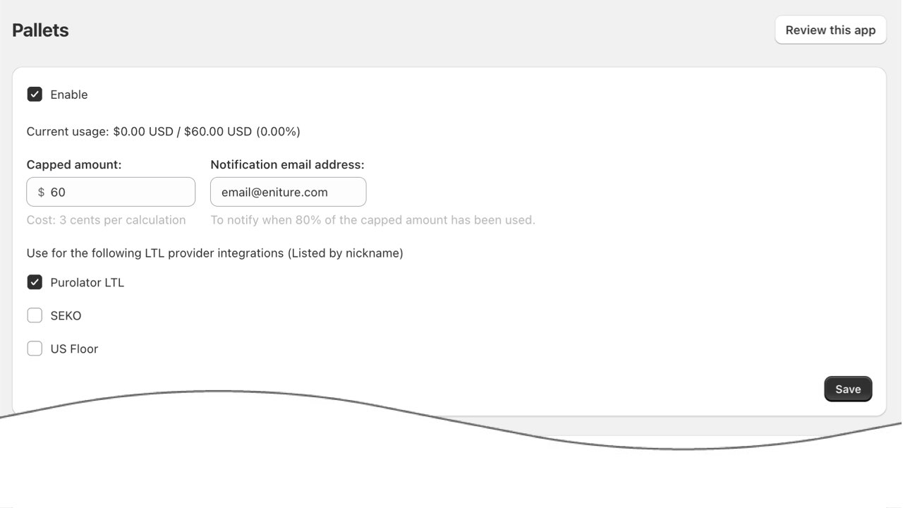 Pallet Packaging Settings for Shopify Real Time Shipping Quotes