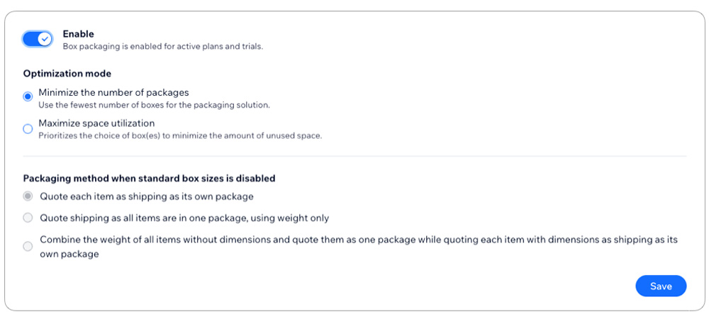 Real Time Shipping Quotes for WIX - Box Sizes Feature Settings