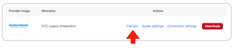 Real Time Shipping Quotes - GlobalTranz Legacy API Carriers Settings Link