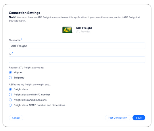 Real Time Shipping Quotes for Wix - ABF Connection Settings