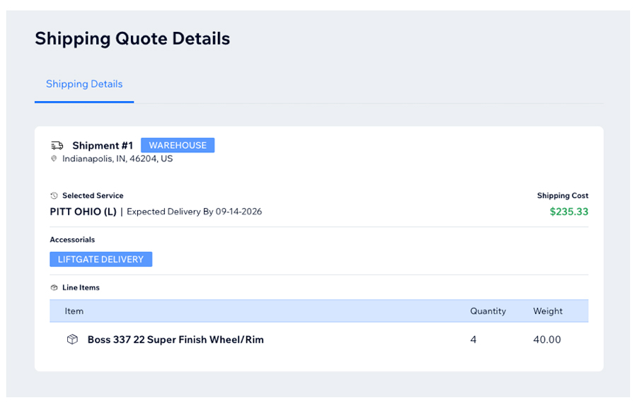 Real Time Shipping Quotes for WiX - Shipping Quote Details page.