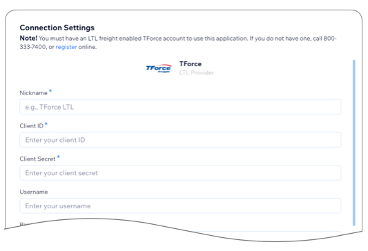 Real Time Shipping Quotes for Wix - TForce Connection Settings