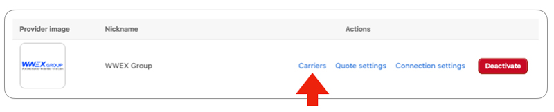 Real Time Shipping Quotes App for Shopify - WWEX Group Carrier Settings Link
