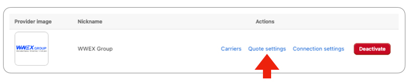 Real Time Shipping Quotes App for Shopify - WWEX Group Quote Settings Link