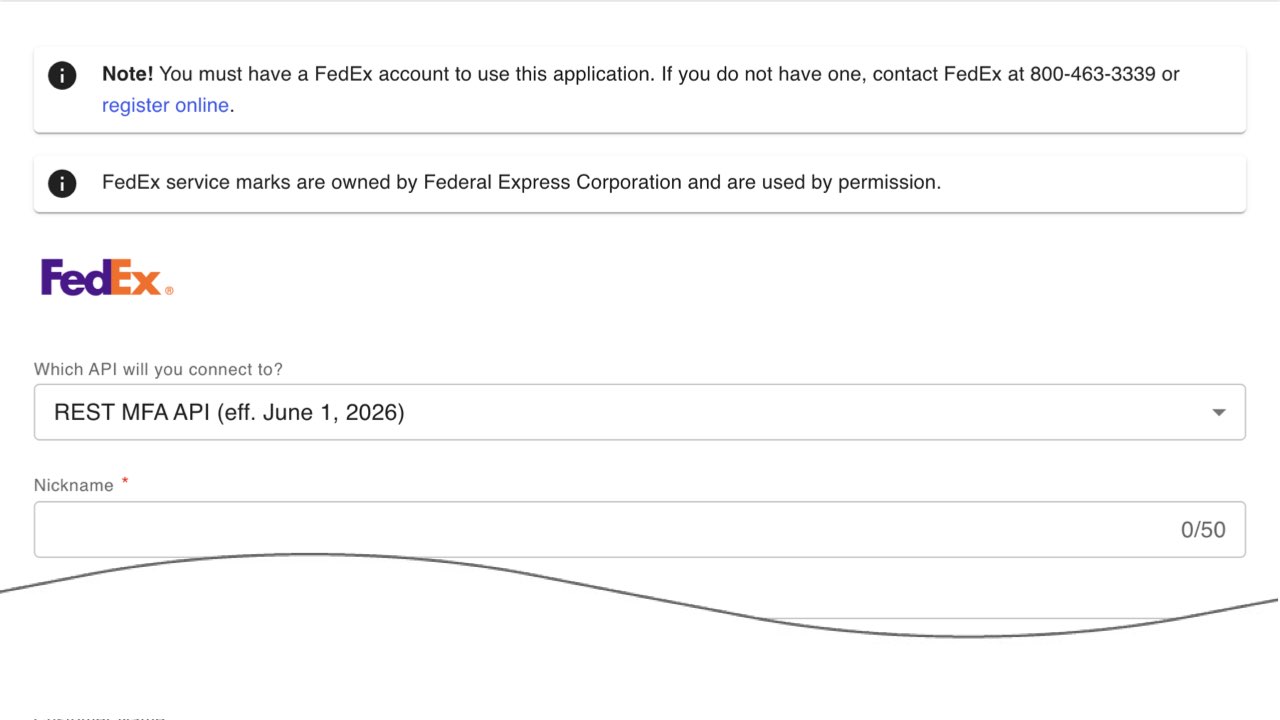 WooCommerce Real Time Shipping Quotes FedEx connection settings with REST MFA API selected and the Nickname field below.