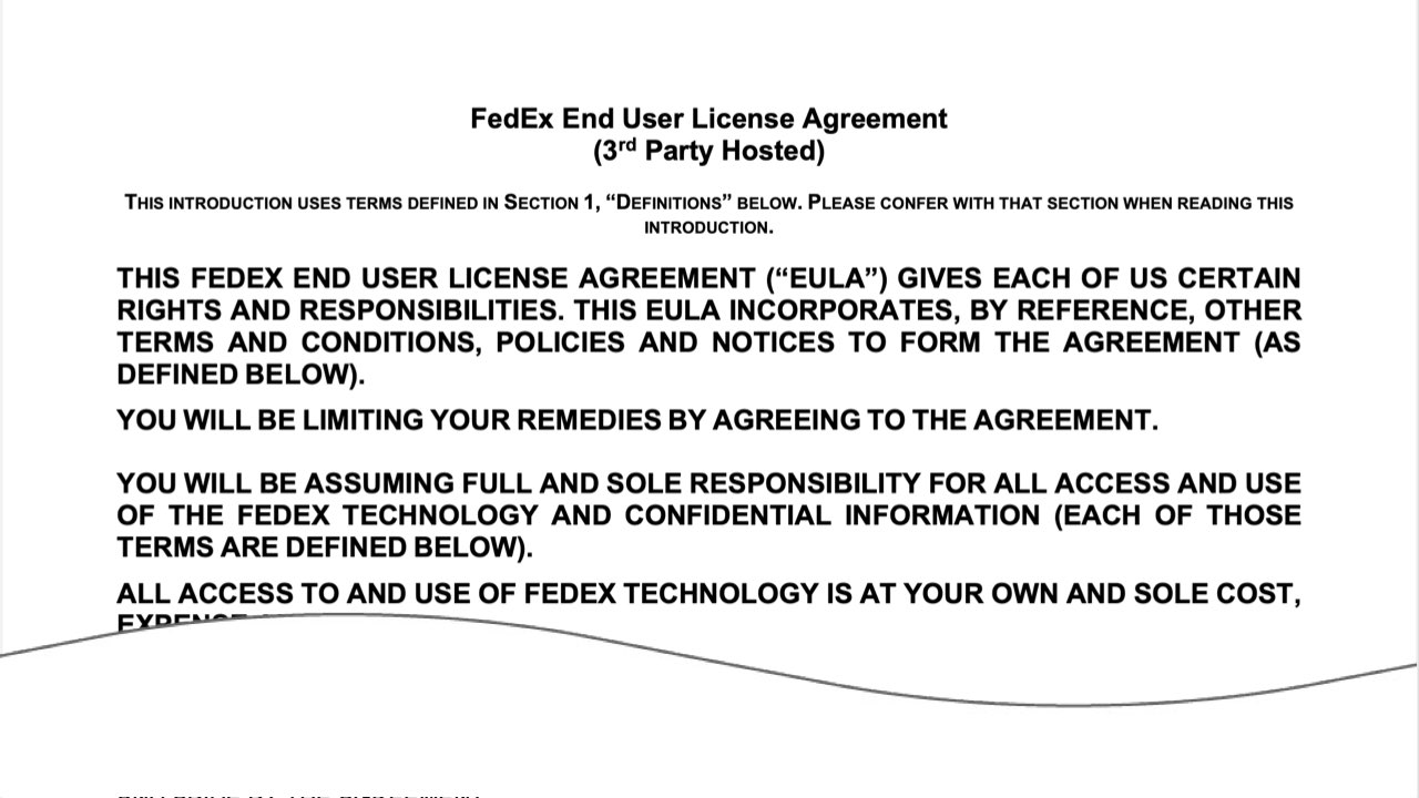 Opening section of the FedEx End User License Agreement required to connect a FedEx account to WooCommerce Real Time Shipping Quotes.
