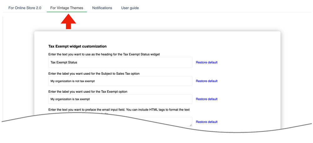 Tax Exempt Checkout for Shopify Vintage Theme Settings