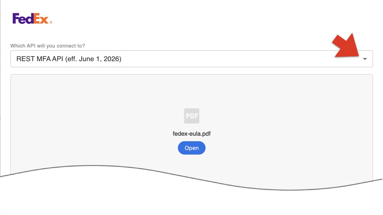 WooCommerce Real Time Shipping Quotes FedEx connection window showing REST MFA API selected and the FedEx EULA PDF with an Open button.