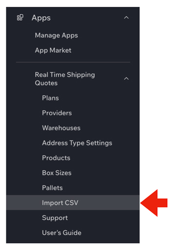 Wix Real Time Shipping Quotes - Import CSV Utility Navigation